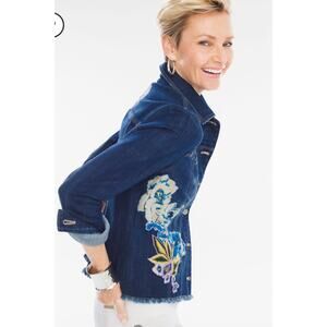 Chico's Floral Applique Denim Jacket Artsy US LP Chico's 3P Petite Art to Wear